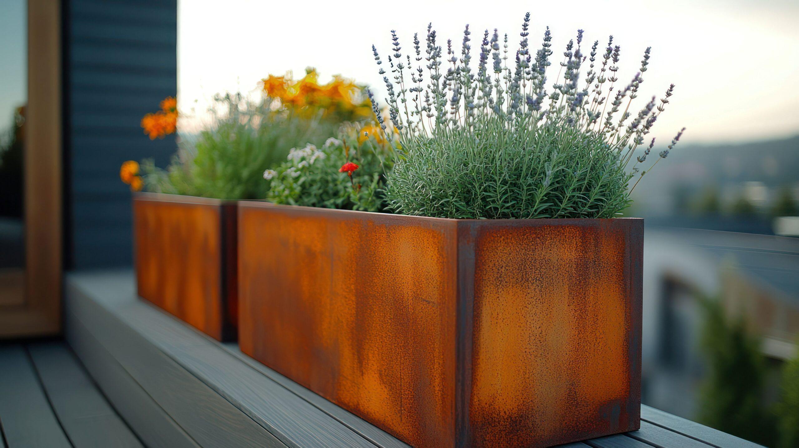Balkonkästen im Edelrost-Design mit Lavendel und Blumen auf kleinem Außenbereich bei Abendlicht