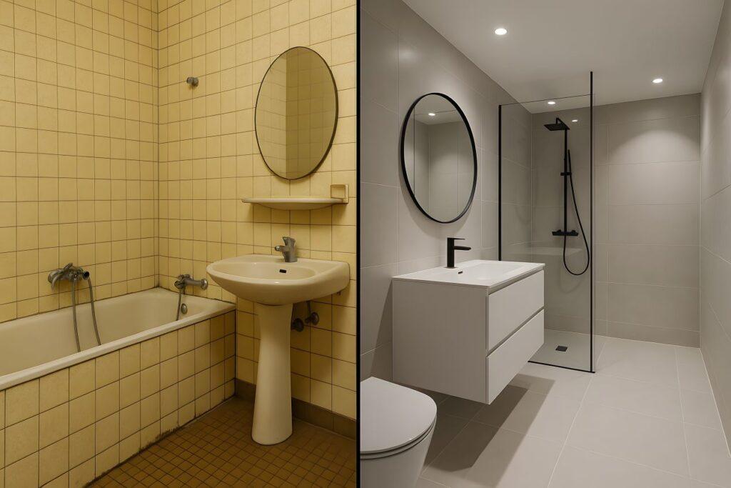 Duschrueckwand vor und nach der Badsanierung mit moderner Dusche und minimalistischer Gestaltung